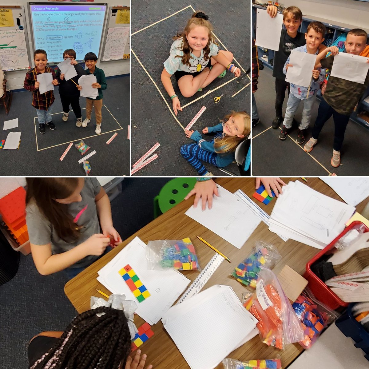 Dulzura4523's tweet photo. 3rd gr. Ss @MtHopeNanjemoy used inch tiles to build arrays, graph paper to engineer sketches, then built their array to scale on the floor.  #squarefootage #unitmatters https://t.co/f8JZeOPRsc