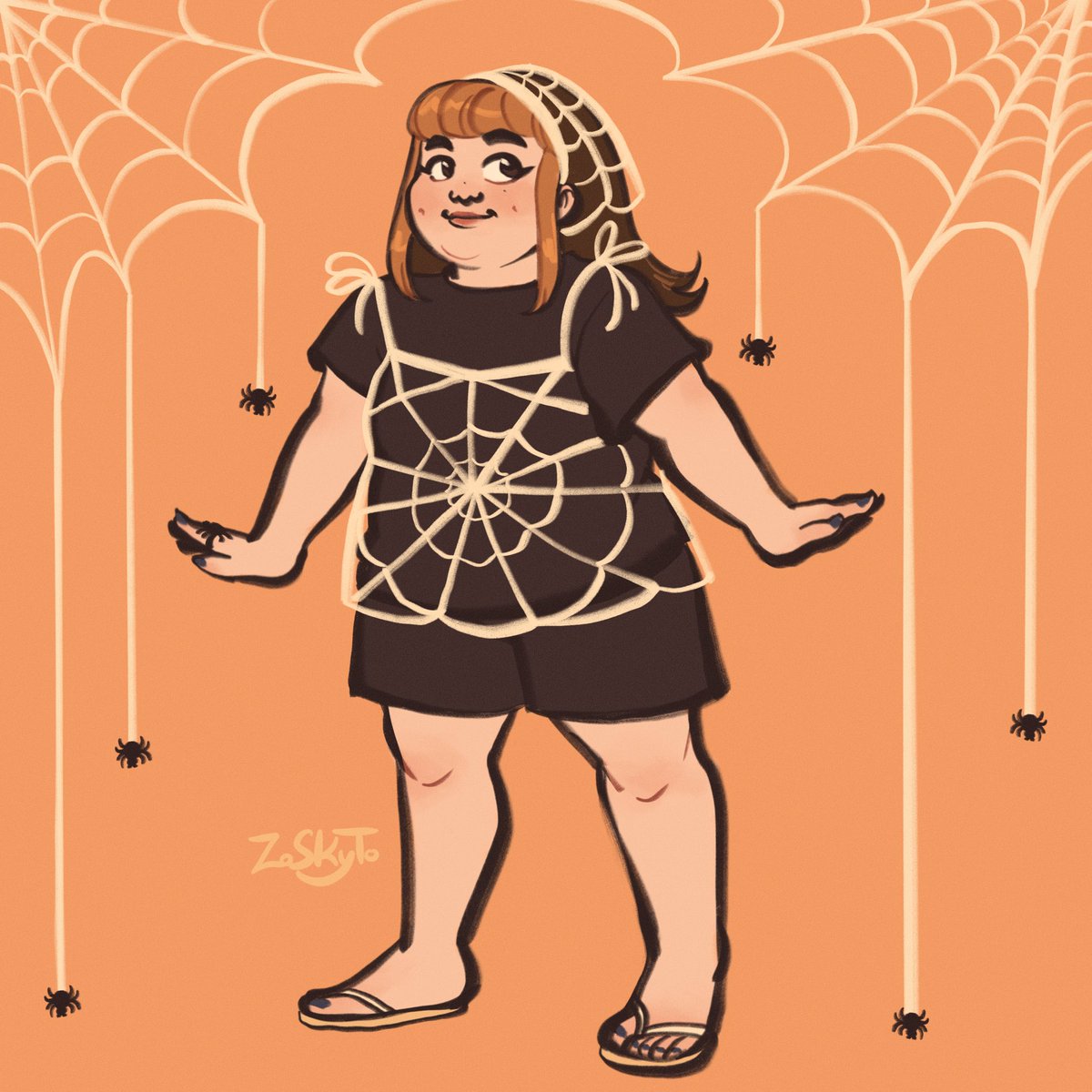 zoskyto's tweet photo. Finally gonna get to wear the crocheted spiderweb top and bandanna I made today!🕷🕸🧡 https://t.co/PTSmQ9PfF3