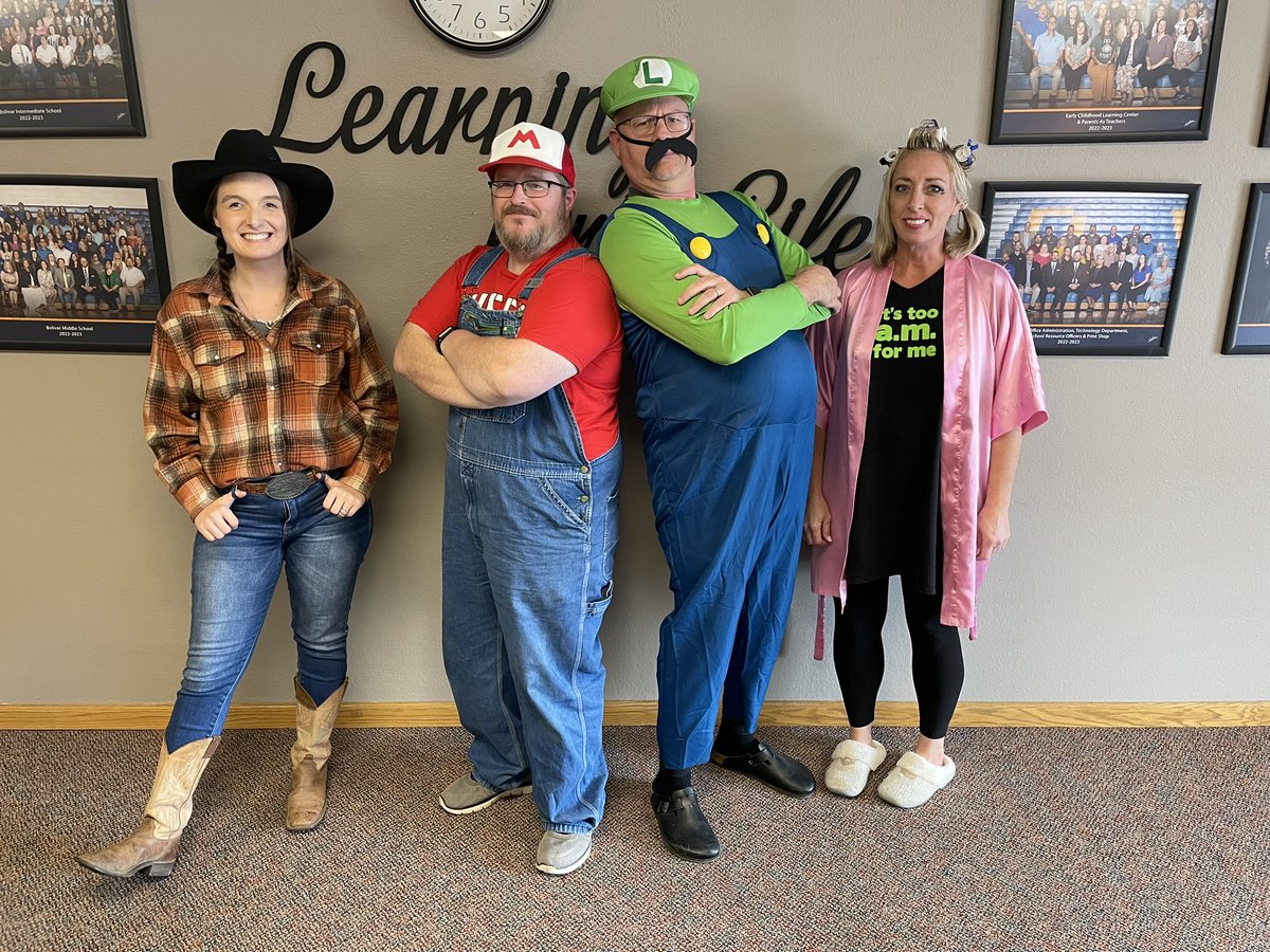 Bolivar_Schools's tweet photo. Our top three costumes at central office today! Congratulations to Mario and Luigi for winning the contest. Their costumes were not planned! https://t.co/Cps9QRpztR