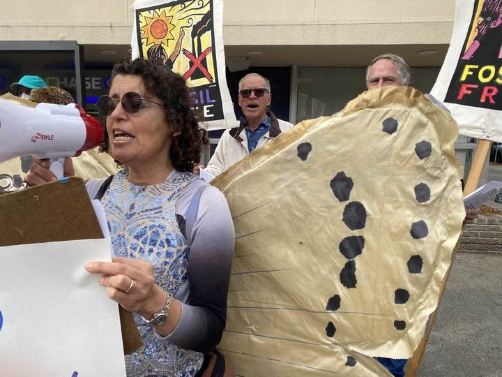 DanBacher's tweet photo. Dr. Goli Sahba, dressed as an endangered butterfly, leads the chants at the Third Act Sacramento Banking Campaign Halloween protest and die in at Chase Bank on Capitol Avenue in Sacramento today. Photo by Dan Bacher. #BigOil #unfrackcal #lastchancealliance #oilmoneyout #ThirdAct https://t.co/qcHrZr9ntH