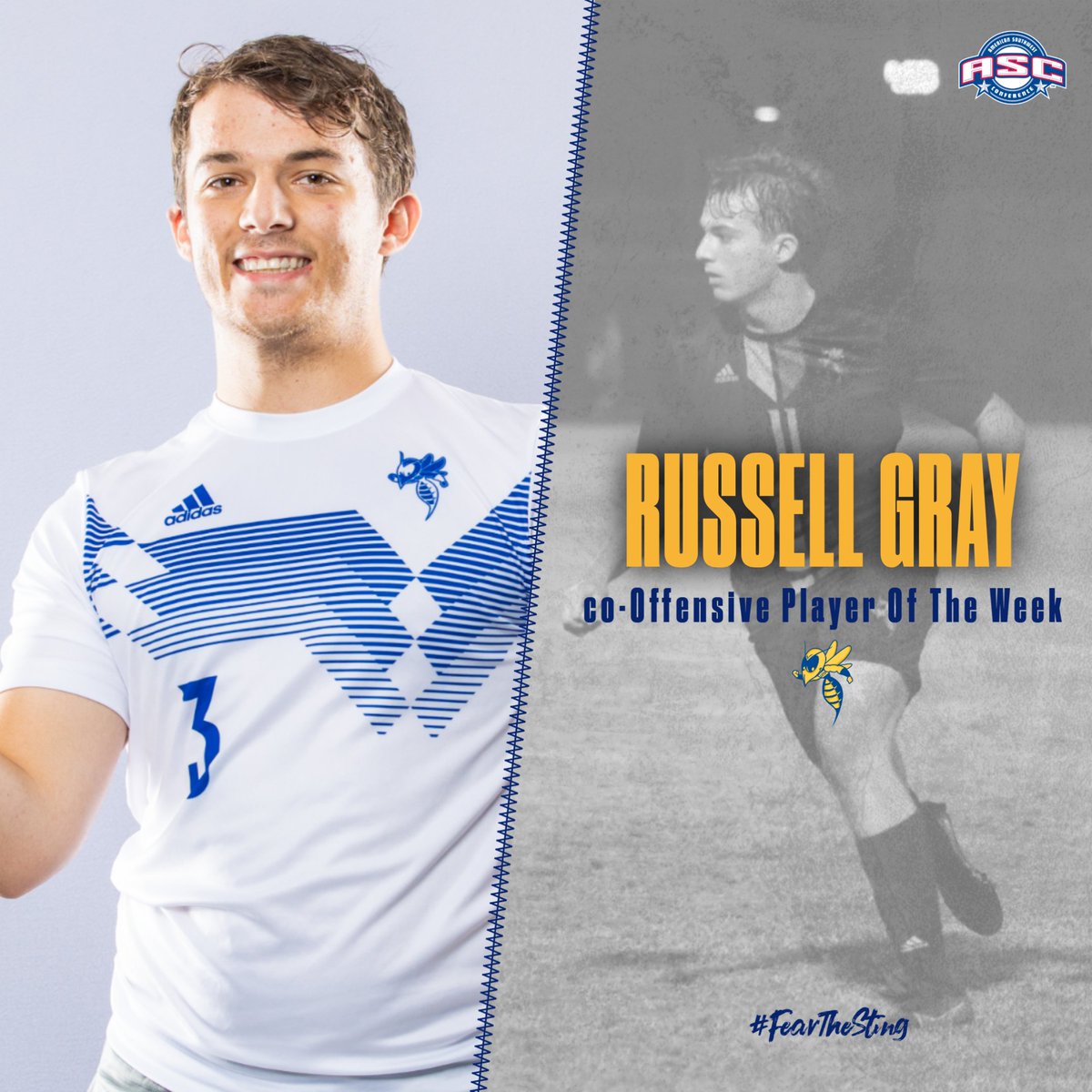 Quite the week for @LETUMSoccer Russell Gray lands him @ASC_sports co-Offensive Player of the Week honors! ➡️ 3 goals ➡️ 2 game-winners ➡️ 2 goals vs. Howard Payne Story: letuathletics.com/news/2022/10/3… #FearTheSting #d3soc