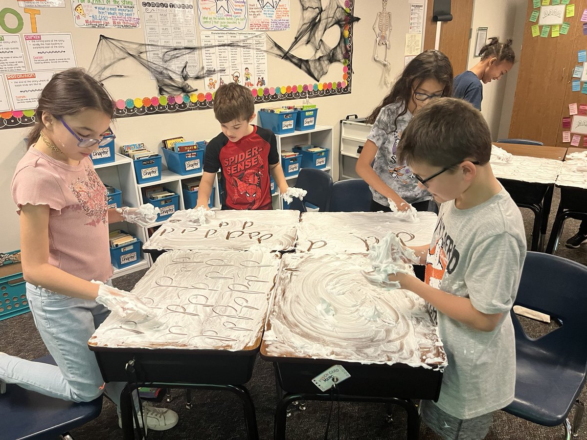 MrsPatrick_GLJH's tweet photo. When Halloween lands on a Monday, you have to have do what you can to keep the kids engaged. Today, we had some messy fun reviewing our cursive letters that we have learned so far this year. They LOVED it! https://t.co/w0D70Qt69N