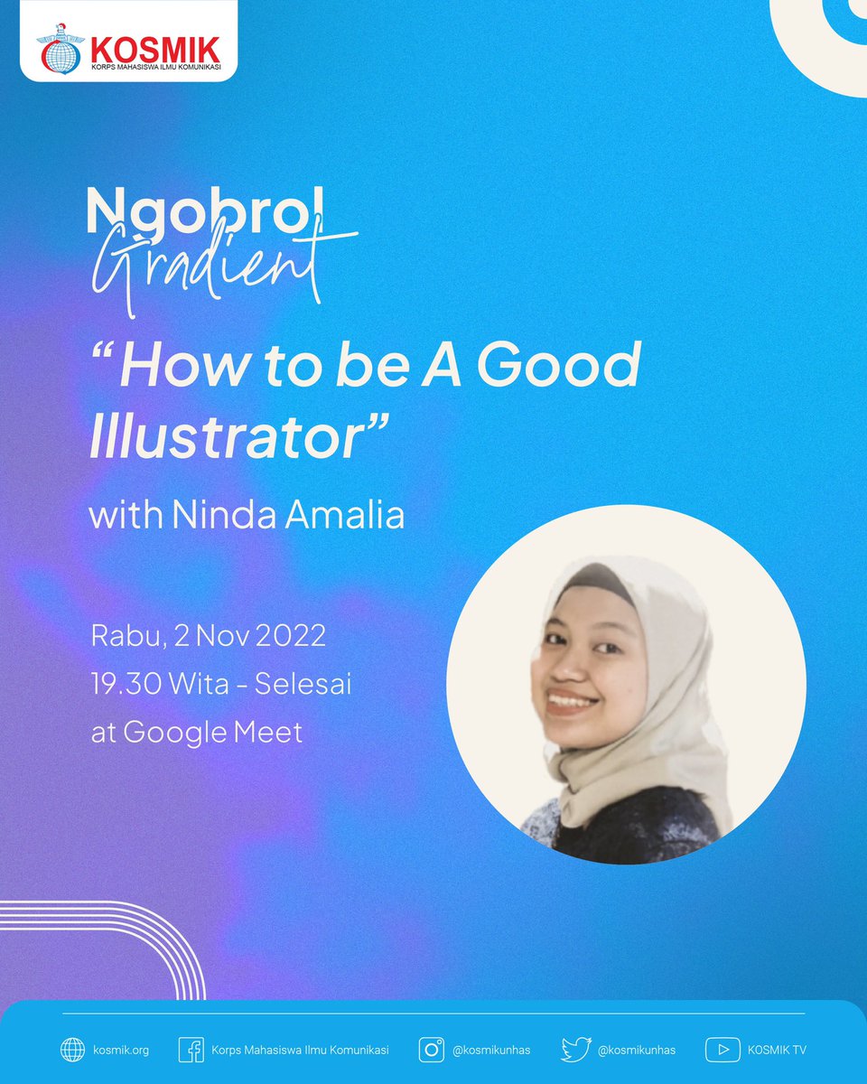 kosmikunhas's tweet photo. Ngobrol Gradient ✨

Halo warga kosmik di awal bulan november nanti biro graphic design devlopment (gradient) bakalan ngadain ngobrol santai loh jadi buat para warga kosmik yang tertarik dengan dunia seni visual bisa banget ya buat join!! Bersama Kak Ninda Amalia - @fenindong https://t.co/hngIUmb4jj