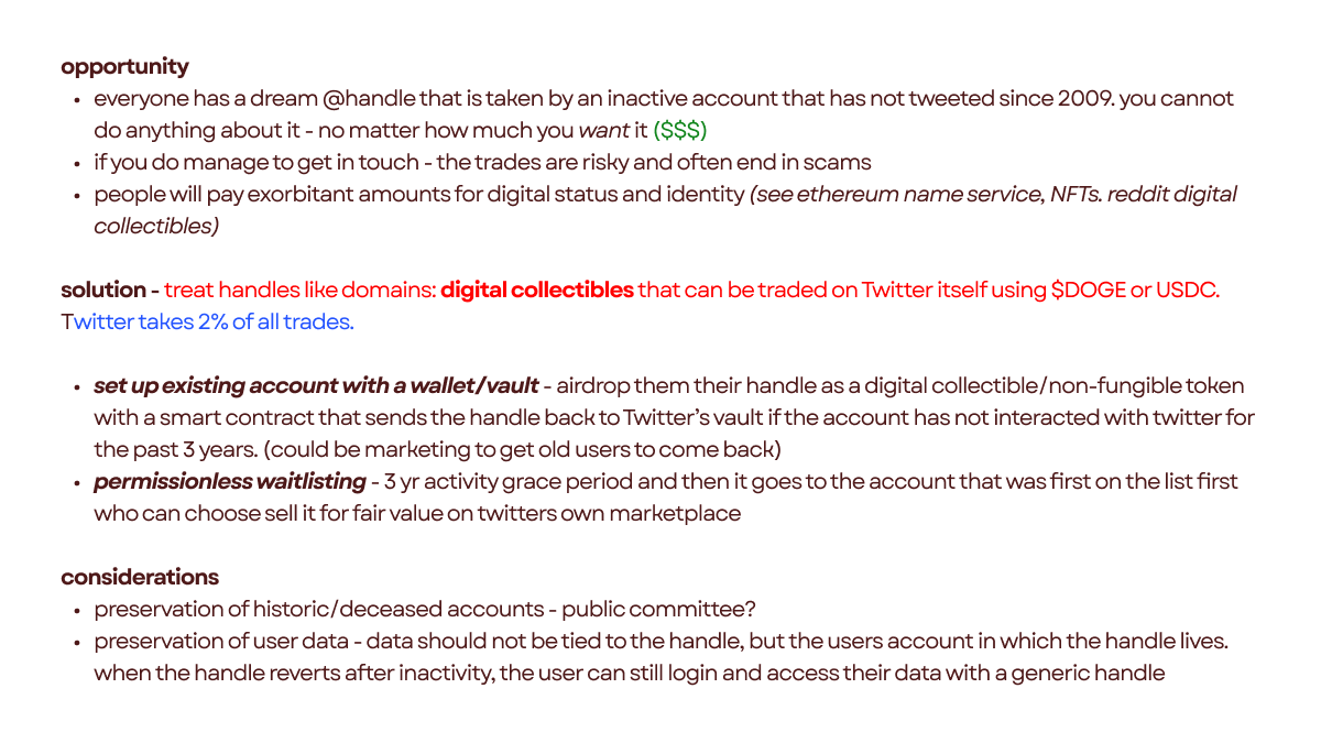 bunjil's tweet image. billion dollar idea for ya @elonmusk 

treat twitter handles as digital collectibles that can be traded on Twitter's own market where Twitter takes a % of all trades.

could this be powered by Solana? @rajgokal @aeyakovenko
