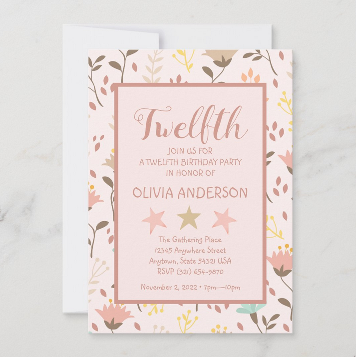 AMMXXIIDesign's tweet photo. Twelfth Birthday Party or Any Occasion Invitation. 🌸 Personalize it for any occasion. Just enter the party info to customize it before ordering. 🌷 See store for more custom invitations and get it made on Zazzle. ❤️

https://t.co/8Pl15x5raw https://t.co/UJYDpJBvfb