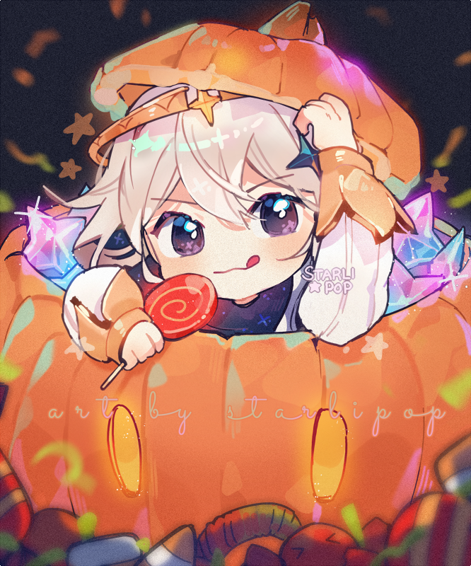paimon (genshin impact) 1girl candy food pumpkin white hair halloween tongue  illustration images