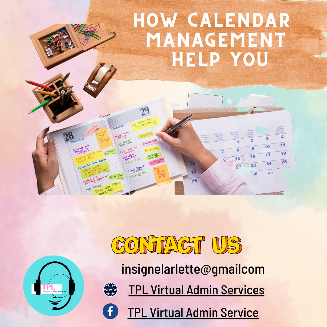 TPL_VAServices's tweet image. The art of managing is organizing your tasks so that you accomplish your priorities and set goals in the time👩‍💼

Book now on our website: tplvadminservices.mystrikingly.com

#TPLVirtualAdminServices #TPLVASph #TPLVirtualAssistant #TPLDetailedQuality #CMs  #CMSpecialist #VAcalendar