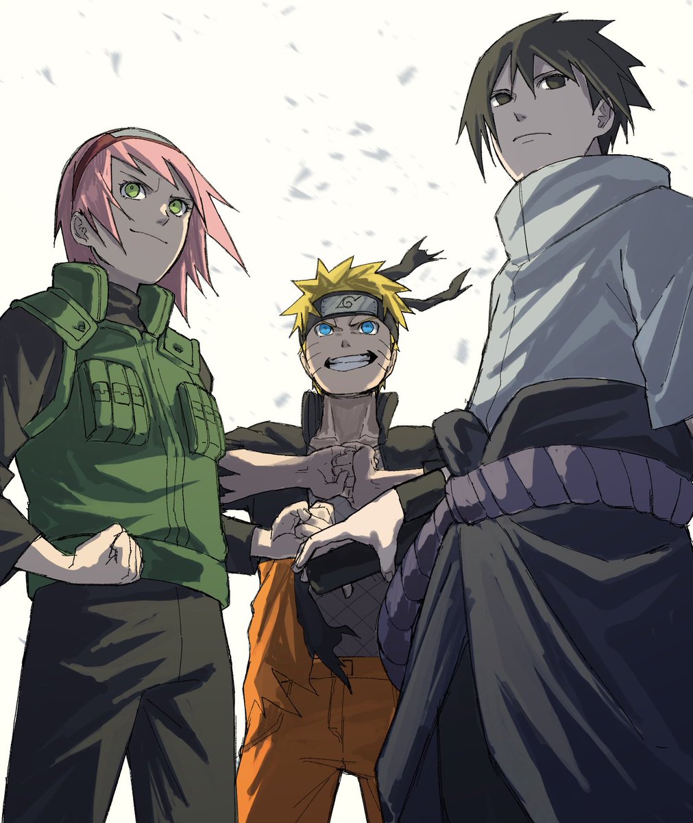 uchiha sasuke ,uzumaki naruto 1girl multiple boys blonde hair pink hair orange pants 2boys green eyes  illustration images