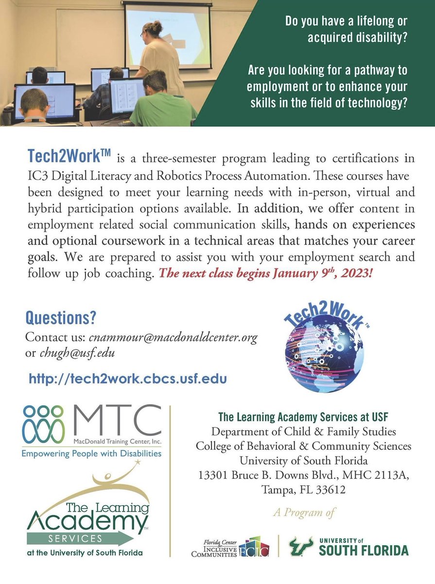 MacDonald Training Center (@macdonaldtcnter) on Twitter photo 🚨 The Learning Academy Services at USF and <a href="/MacDonaldTCnter/">MacDonald Training Center</a> (MTC) are recruiting for Tech2Work starting in January 2023! Application extended to November 4th!! Check out flyer and online at tech2work.cbcs.usf.edu cnammour@macdonaldcenter.org or chugh@usf.edu 🚨 The Learning Academy Services at USF and <a href="/MacDonaldTCnter/">MacDonald Training Center</a> (MTC) are recruiting for Tech2Work starting in January 2023! Application extended to November 4th!! Check out flyer and online at tech2work.cbcs.usf.edu cnammour@macdonaldcenter.org or chugh@usf.edu