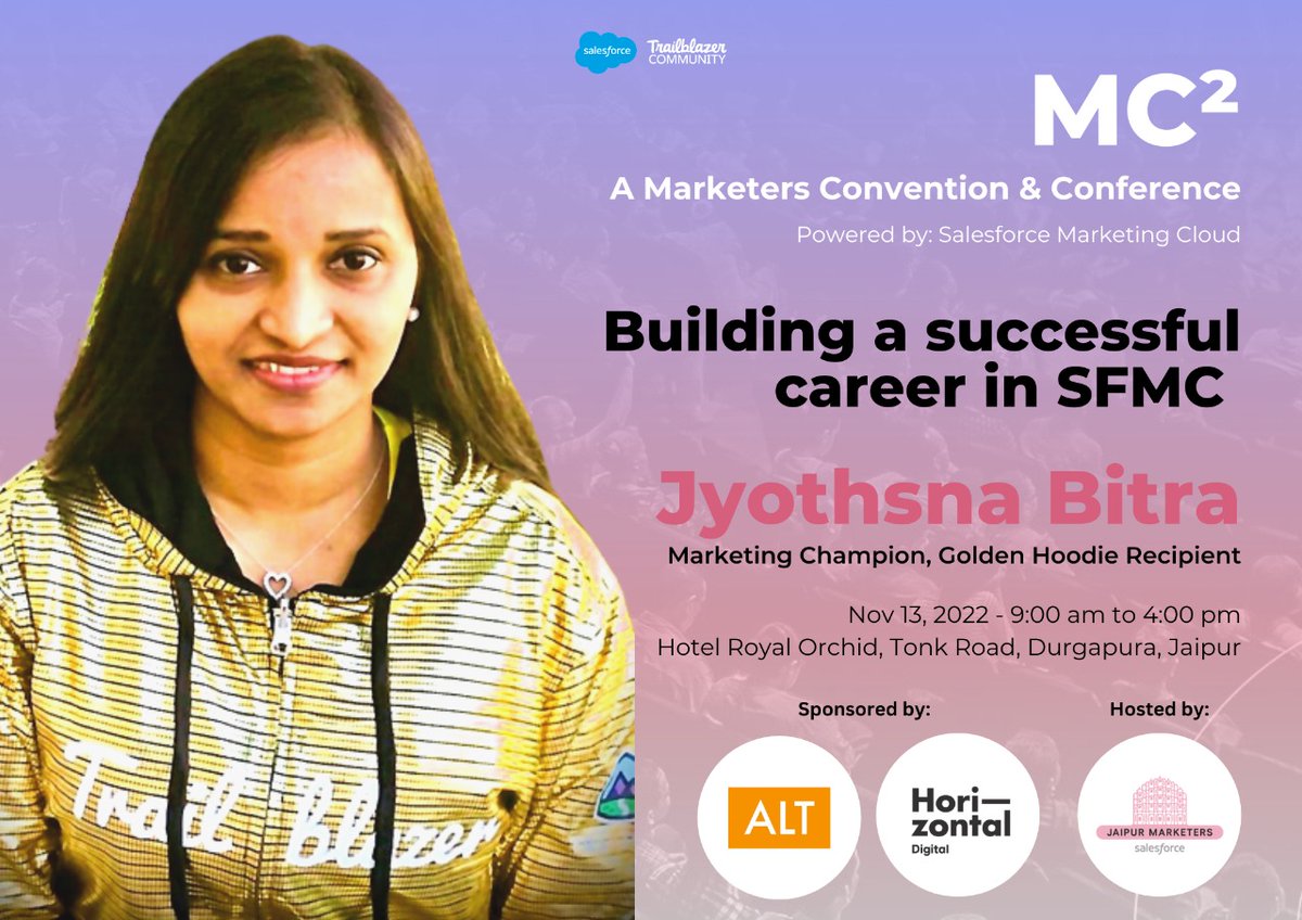 MC² (@mc2_event) on Twitter photo How to get started with Marketing Cloud? How difficult is it to learn Salesforce Marketing Cloud? How can I build a successful career in MarTech? Come join us with <a href="/JyothsnaBitra/">Jyothsna Bitra (JB)</a> to explore and pursure a career in SFMC
#marketingchampions #trailblazercommunity #momentmarketers How to get started with Marketing Cloud? How difficult is it to learn Salesforce Marketing Cloud? How can I build a successful career in MarTech? Come join us with <a href="/JyothsnaBitra/">Jyothsna Bitra (JB)</a> to explore and pursure a career in SFMC
#marketingchampions #trailblazercommunity #momentmarketers