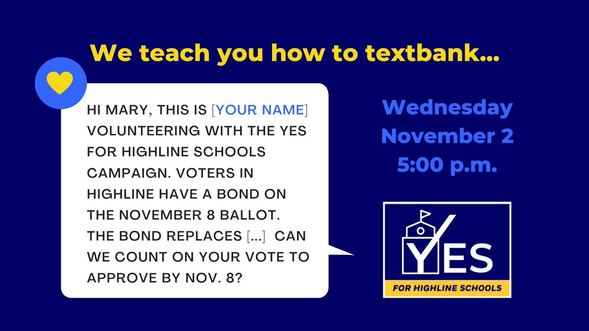 1 night. The need: at least 12 sets of fingers texting a scripted message THIS WEDNESDAY, Nov. 2. Learn how at 5:00 p.m.--all from home. It's an easy way to make a difference in reminding people to vote and vote #yesforhighline. So far... 1 volunteer: bit.ly/3fiRsF2