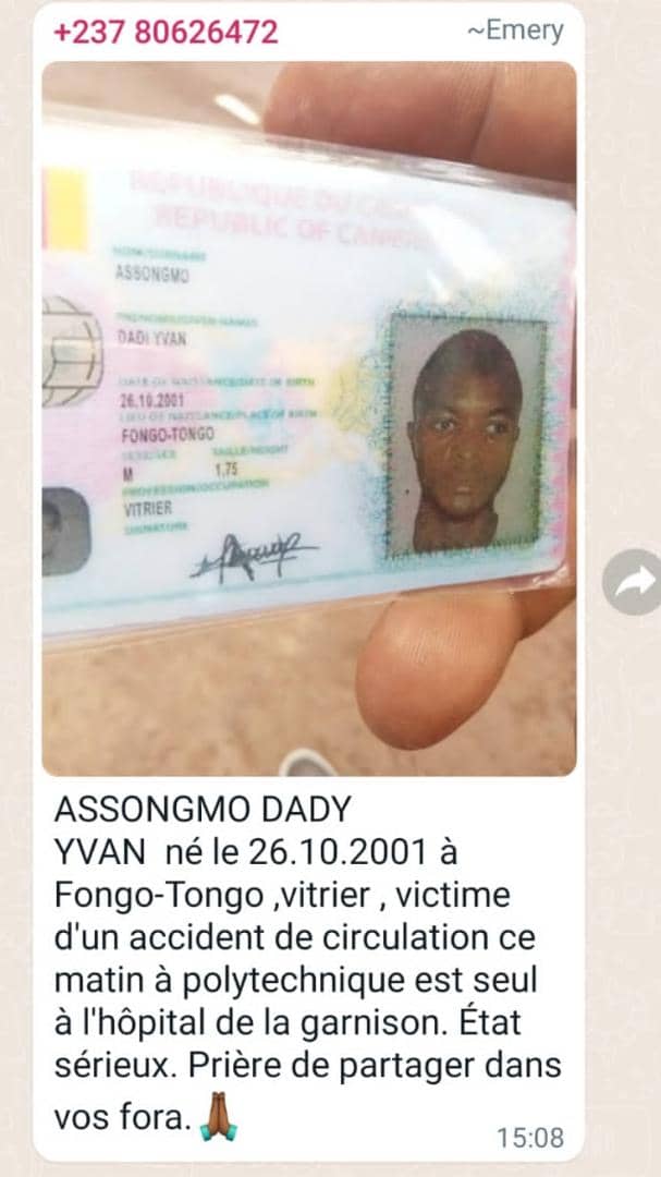 LEDURO1's tweet photo. SOS🆘️. Un accidenté de moto est couché inconscient à l'hôpital militaire. Il se nomme ASSOMGMO DADI YVAN. L'accident a eu lieu à Polytech ce matin à 7h30. Svp,faites circuler le message pour retrouver sa famille. Merci

#Yaounde https://t.co/pAEtQNsWbj