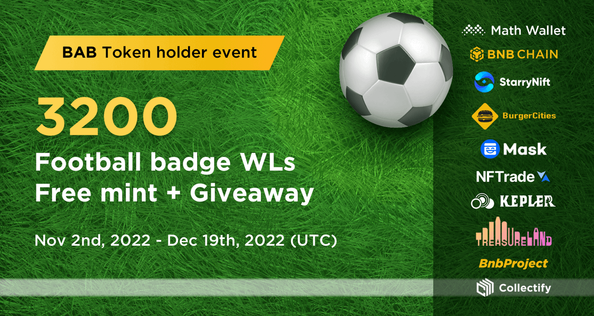 Big Giveaway Event for BAB token holder will start tomorrow!🥳

🎁Prize Pool: 3200 Football Badge WLs Free mint + Giveaway

Share with your friends and stay tuned!

#BNB #Giveaway #mathwallet