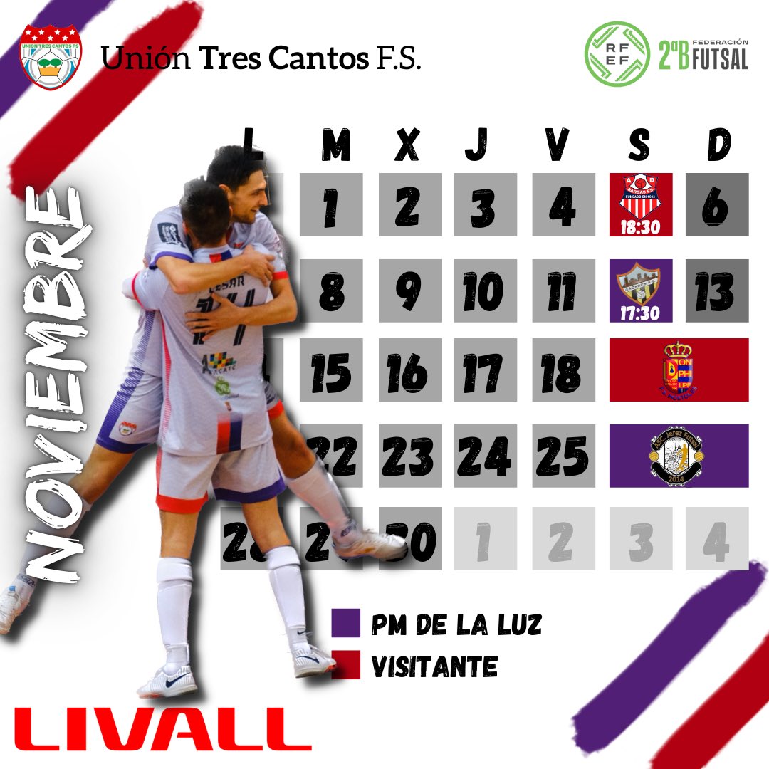 union3cantosfs's tweet photo. 🚨¡Hola, noviembre!🚨

Encaramos un mes clave para las aspiraciones del primer equipo con 4 partidazos.

-J8 | Sábado 5, 18:30 | @AdbargasOficial
-J9 | Sábado 12, 17:30 | @CaceresUExFS 
-J10 | P.D. | @1mostolesfs 
-J11 | P.D. | @JerezFutsal 

#VolvemosASoñar💜🤍♥️ https://t.co/WrxW56gSD5