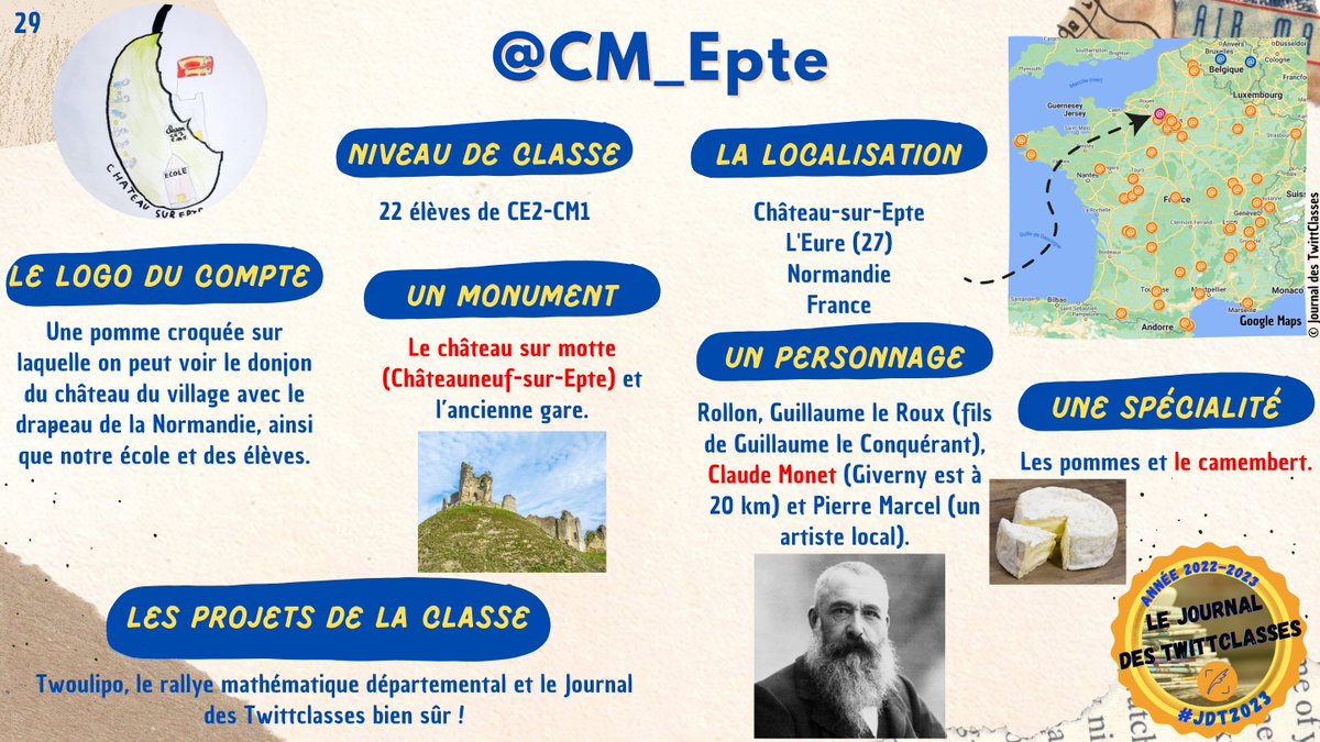 Découvrons maintenant la présentation de la seule TwittClasse de Normandie avec les <a href="/CM_Epte/">CE2 CM1 Château sur Epte</a> de #ChâteauSurEpte du département de l'Eure. #Normandie #Eure #JdT2023 #PrésentationJdT
