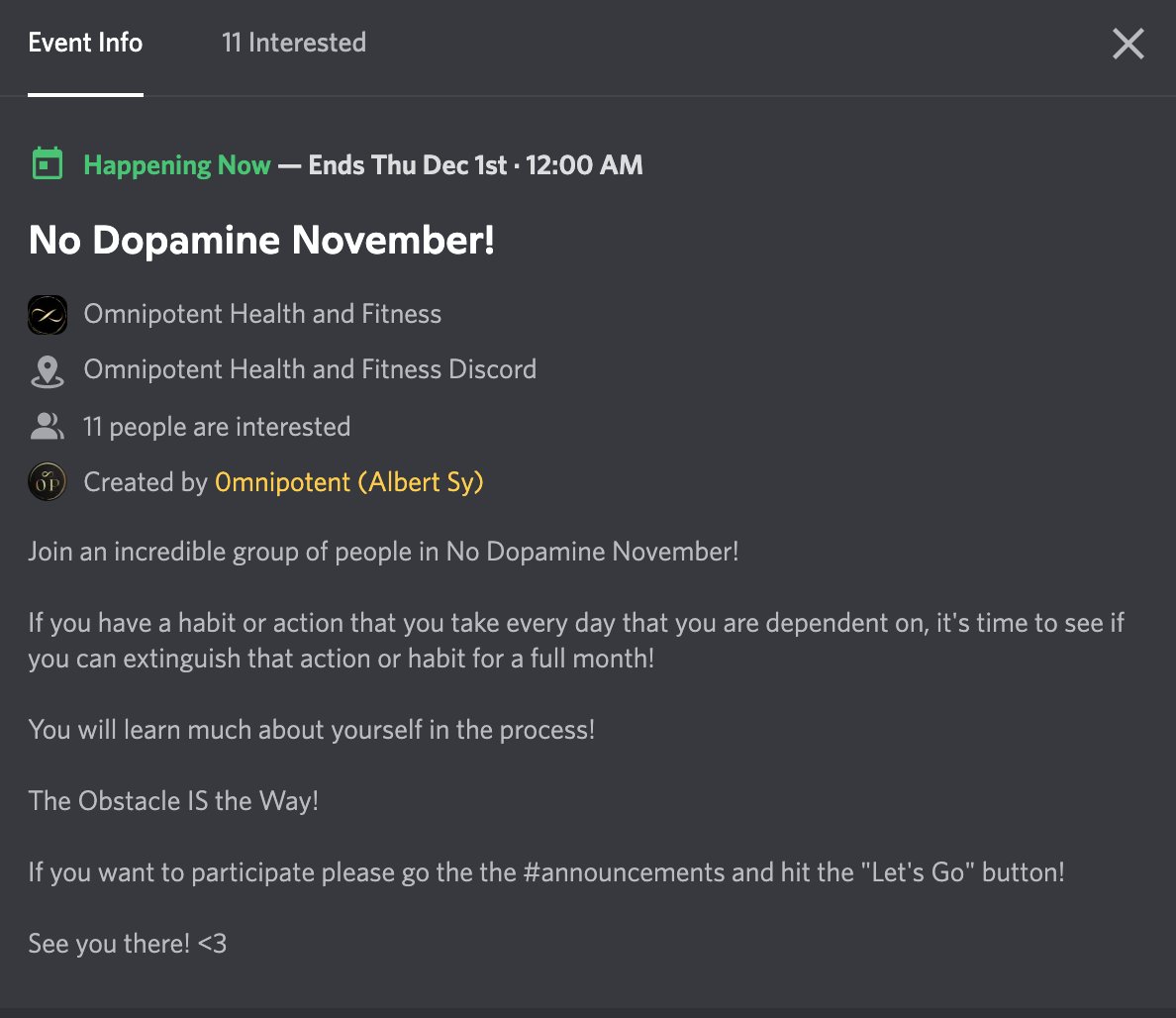 #NoDopamineNovember is happening starting today in my discord server! 

Join an amazing and supportive community and see how your life can #transform in a month!

#TheObstacleIsTheWay

Link in bio description!