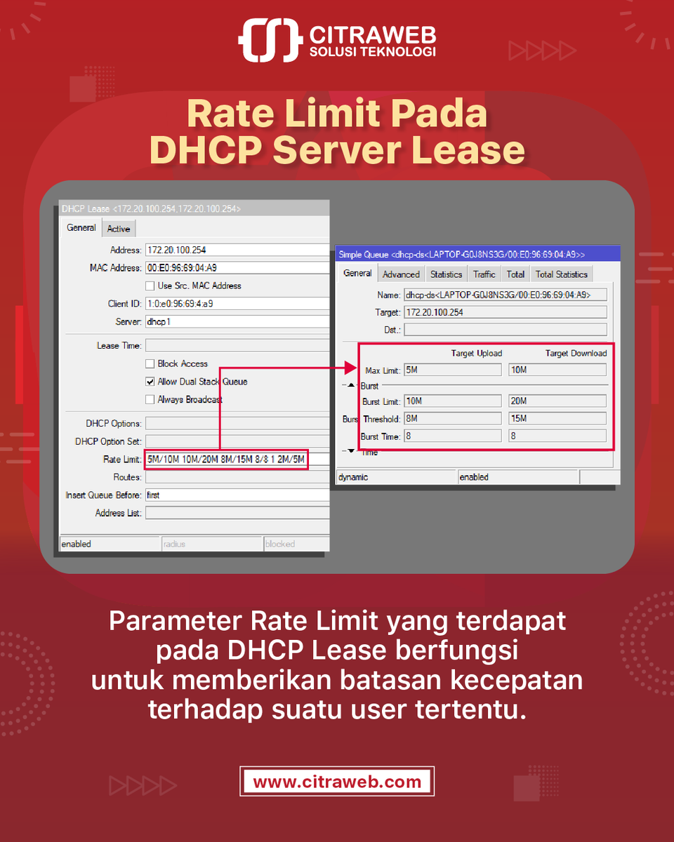 mikrotik_id's tweet photo. Dengan parameter Rate Limit pada #DHCPServerLease kita bisa memberikan batasan kecepatan terhadap suatu user tertentu.
Pelajari selengkapnya pada video & artikel berikut:
📺https://t.co/1wrL5cQGvW
🌐https://t.co/lgAzJLbXgz
#DynamicQueue #MikroTik #RateLimit #Citraweb https://t.co/bXYTvx2Npr