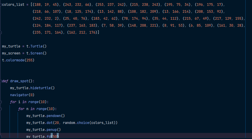 yann_devtg's tweet photo. Day 18  - #100DaysOfCode Challenge
The Hirst Painting Project
#Python ,#coding, #game, #LearnToCode https://t.co/ZfPinA5xf9