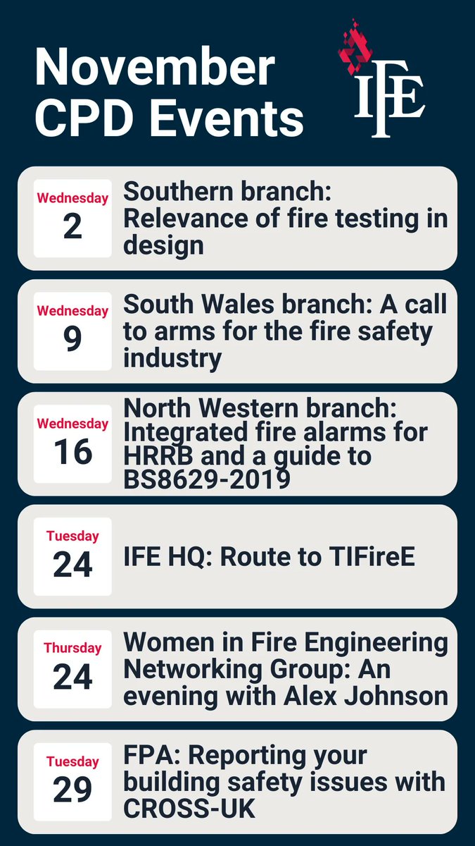 ifeglobal's tweet photo. November is another busy month for CPD events! Discover the range of opportunities available at: https://t.co/QzQr77foQm #CPD #FireEvents #FireSector https://t.co/DwiVJ4J8A4