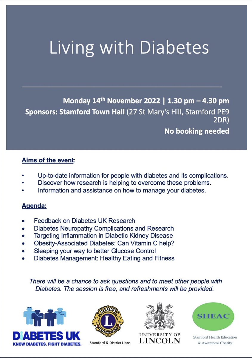 UoLLifeSciences's tweet photo. 📢On the 14th November it's #WorldDiabetesDay2022.  Come along to the 'Living with Diabetes' event where Prof Claire Hills, Prof Paul Squires &amp; Prof Jon Whitehead from @dmi_lincoln will be talking about their research at Stamford town hall. Free to attend, details 👇 #diabetes https://t.co/9pBJ6fNySj