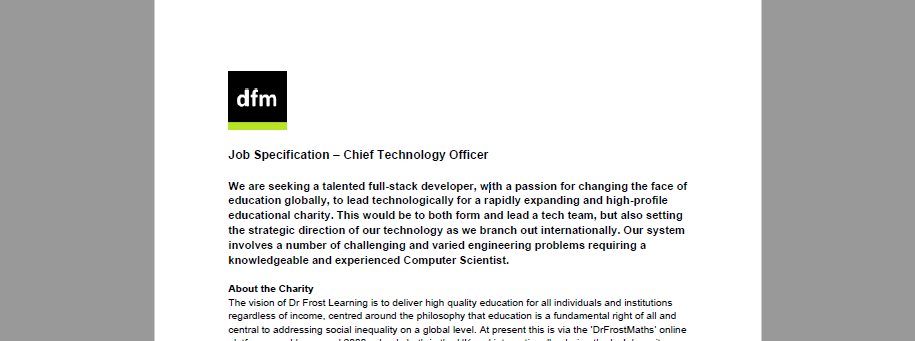 DrFrostMaths's tweet photo. Spread the word! We're looking for an experienced developer with a Computer Science background (AI experience a bonus) to lead as CTO in a rapidly growing and high profile charity. Salary £100-105k, deadline Dec 14th. Want to make a difference? https://t.co/6IYDNjm0Fa https://t.co/mzzaDqX4BX