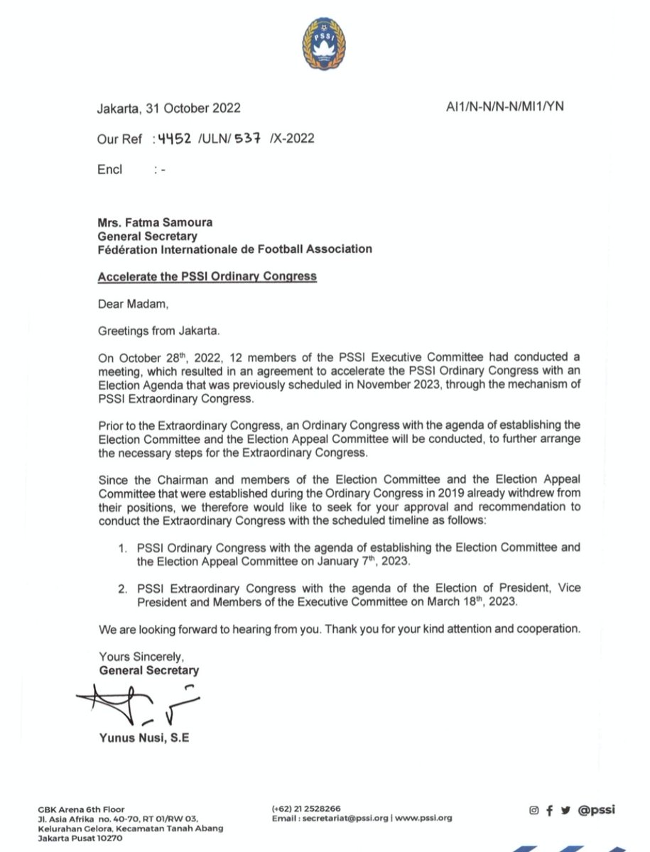 ✅ PSSI secara resmi telah mengirimkan surat pemberitahuan ke FIFA terkait rencana pergantian pengurus.

PSSI akan lebih dulu mengadakan kongres biasa pada 7 Januari 2023 lalu kemudian mengadakan KLB pada 18 Maret 2023.