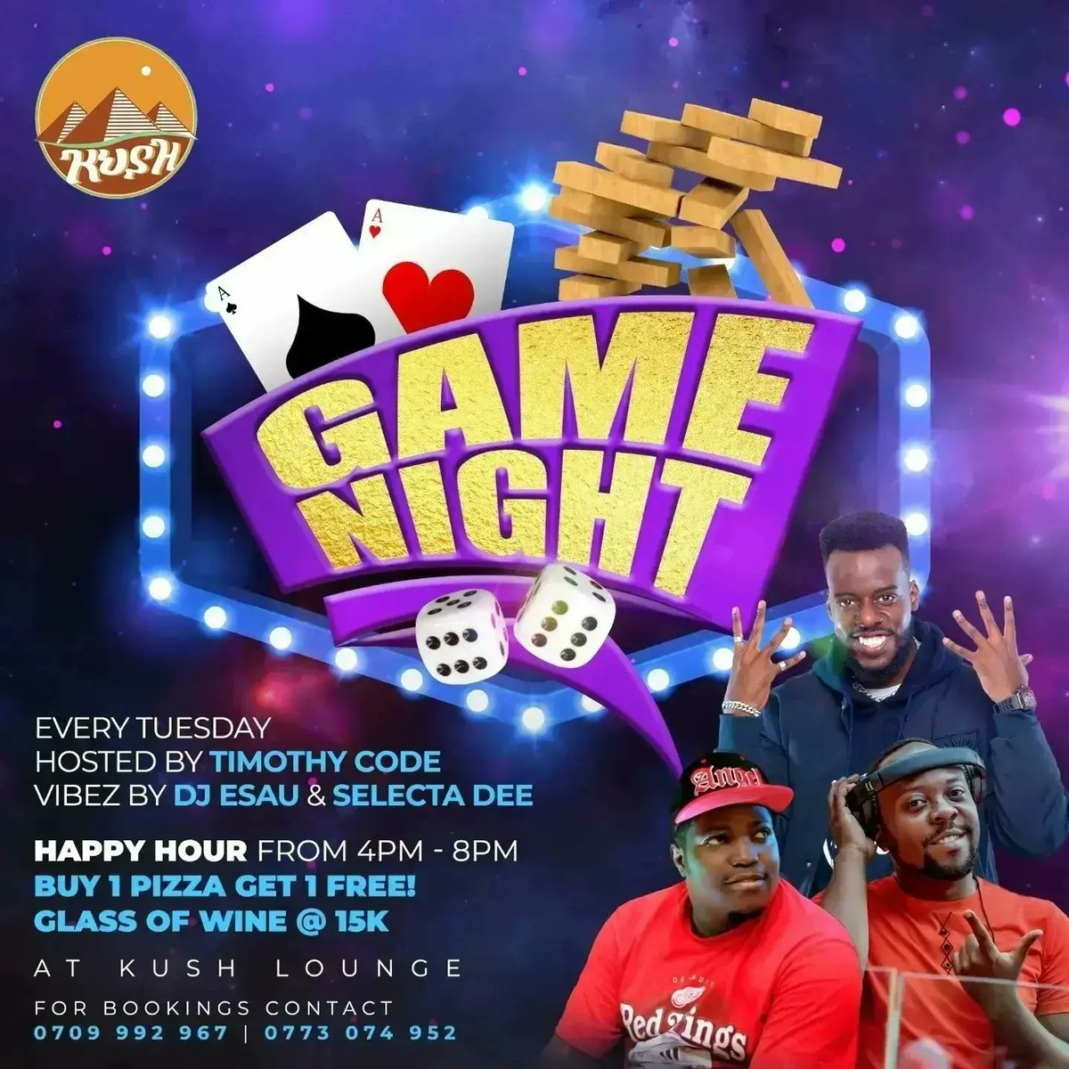 Enjoy our deliciously fresh pizzas this game night with our buy one get one FREE offer starting 4pm. Book your table with the gang for a great evening with @TimothyCODE, @selectadee256 and @Dj_Esau590 🍕🔥. #TheKushGameNight #KushLounge #Kampala