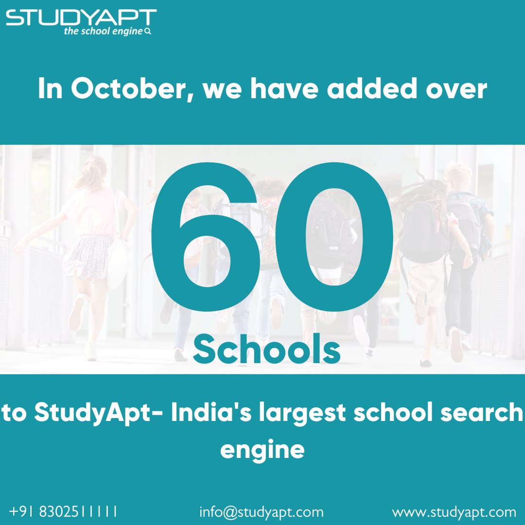 studyapt's tweet photo. We want to welcome all the new schools to the studyapt family. Over 60 schools were added in October and we will continue to add more in the coming months.

#StudyApt #School #searchengine #Edtech #Education #DigitalIndia. https://t.co/9XPXRhWscT