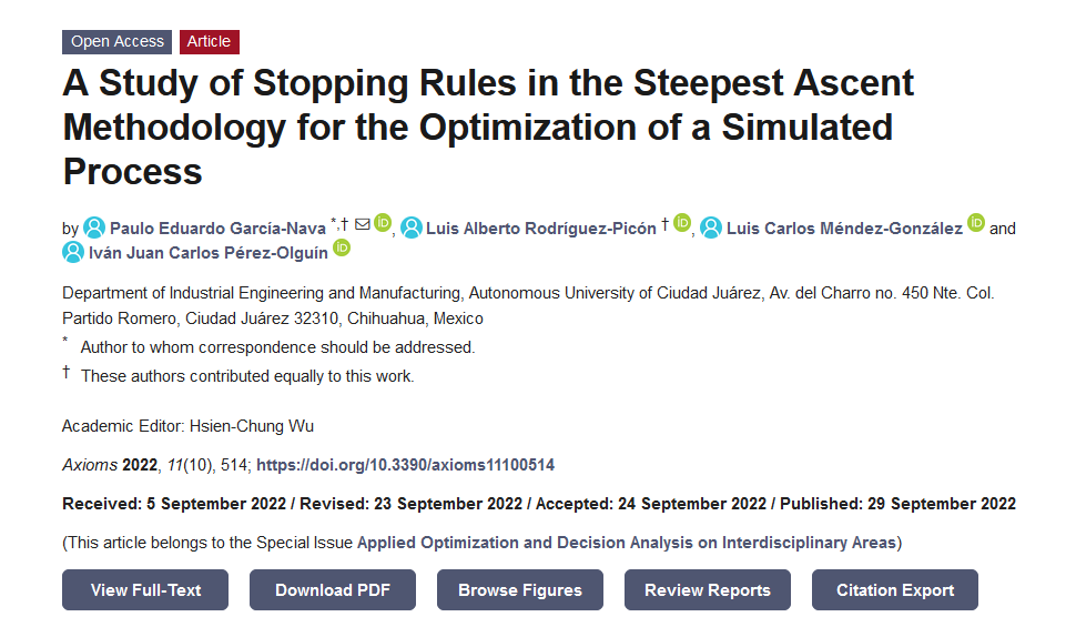 Axioms_MDPI's tweet photo. Latest #Article by Paulo Eduardo García-Nava, Luis Alberto Rodríguez-Picón and etc.
"A Study of Stopping Rules in the Steepest Ascent Methodology for the Optimization of a Simulated Process"
https://t.co/srbDNvOEjB
#design_of_experiments; #steepest_ascent/descent_methodology https://t.co/00qXJlpKeH