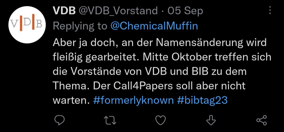 <a href="/VDB_Vorstand/">VDB</a> wir warten immer noch gespannt auf ein Update zum Thema Namensänderung und welche Entscheidung zusammen mit <a href="/bibverband/">Bibliotheksverband</a> Mitte Oktober gefallen ist?
