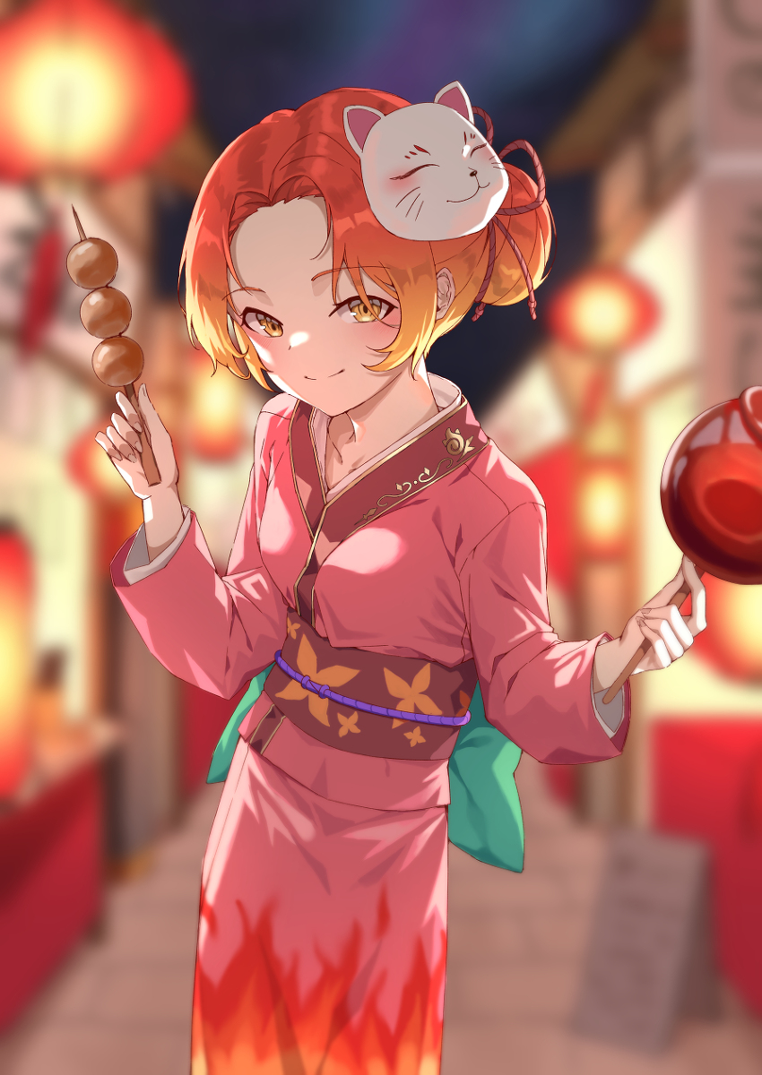 1girl food japanese clothes kimono candy apple mask solo  illustration images