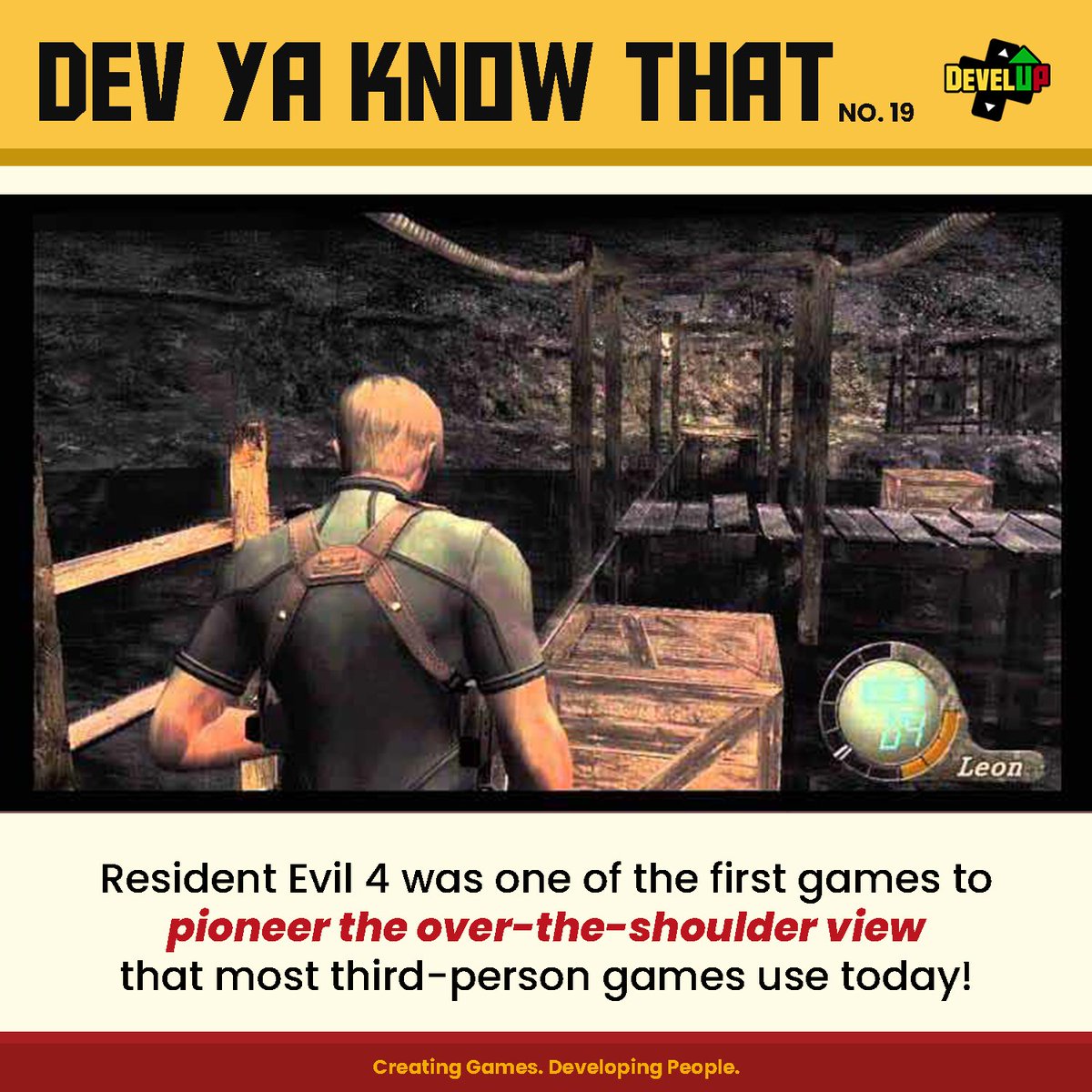 DevelUP_Diliman's tweet photo. Spooked for a game dev trivia?๐ป
For old-school horror games, fixed camera views are the staple to build up that sense of dread๐
With the release of Resident Evil 4, this changed into the over-the-shoulder view that many 3rd-person games use today!
#DevYaKnowThat #DevelUP #RE4 https://t.co/qtMK4BRt5q