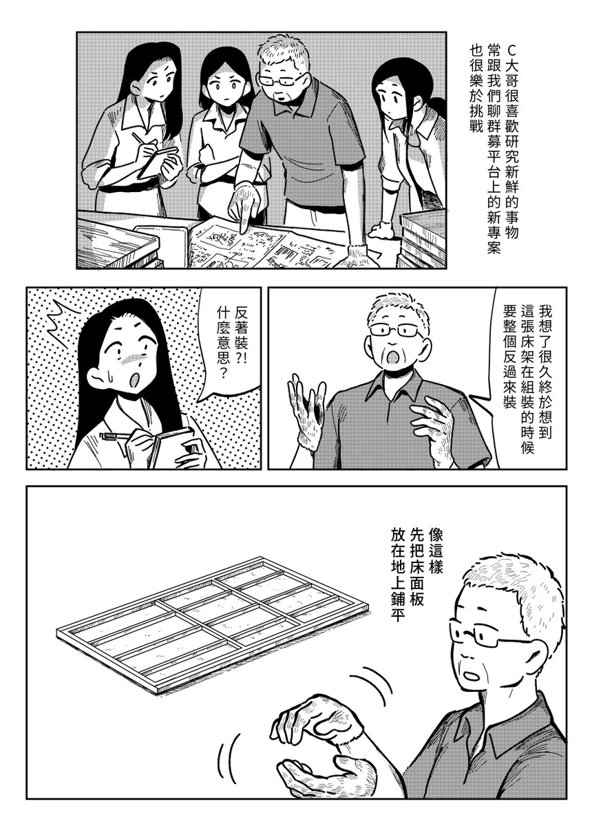 【 走走家具創業進化史 】
Vol.37 -「超強床架的誕生(三)」

雙人床架終於進到打樣階段,在與工廠師傅C大哥來回討論多次後,調整了結構與測試板材,成功創造出這款需要「反著裝」的神奇床架,接下來B.V.S.即將......!?

原作 / 走走家具
漫畫 / 貞尼鹹粥 