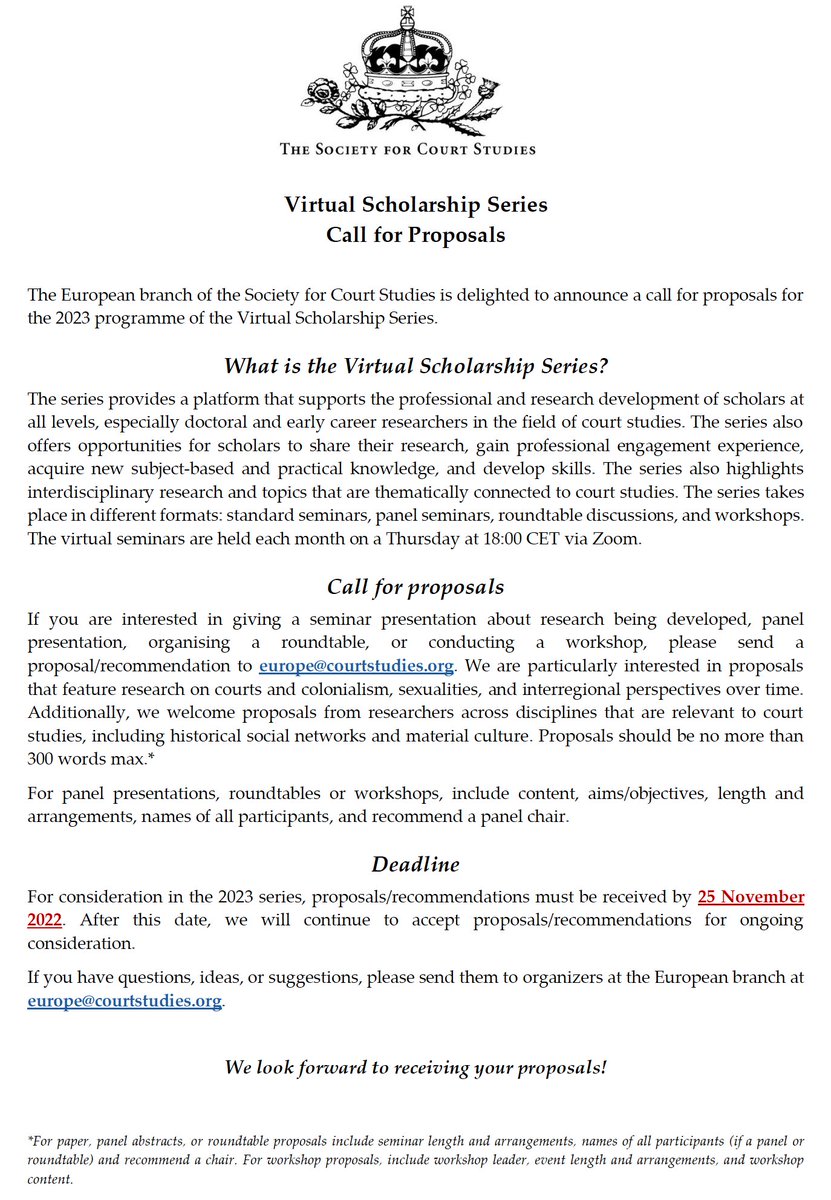 Want to share your research or get feedback? Want to suggest a thematic event? Submit your proposals/ideas, esp. on courts &amp; colonialism, sexualities, &amp; interregional perspectives over time, for our virtual series 2023 programme. Deadline: 25 Nov. More info in attached CFP.