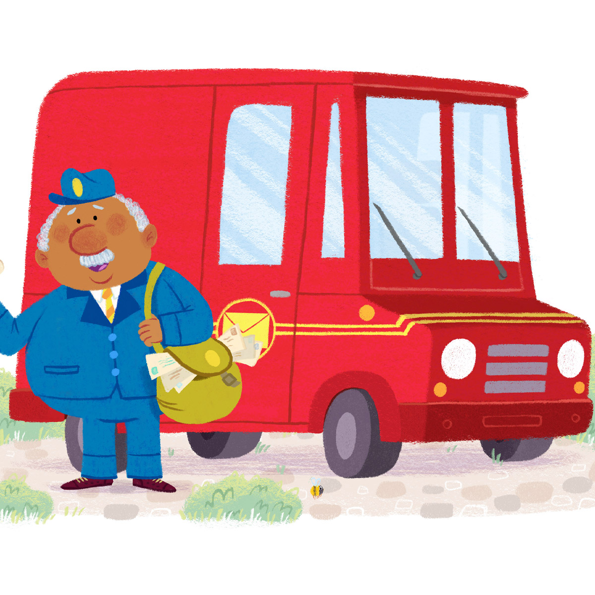 stopmotionben's tweet photo. Here's a new piece to explore using mixed media. It's hand drawn elements then scanned and coloured in photoshop. #picturebook #illustration #kidlit #kidlitart #childrensbooks #characterdesign #postman #dog #doggo #postvan #royalmail https://t.co/ypNDDjAjrn
