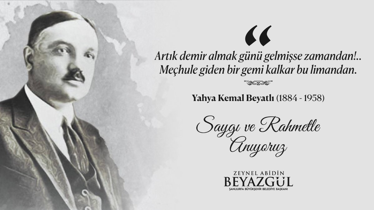 Cumhuriyet dönemi Türk şiirinin en büyük temsilcilerinden biri olan; şair, mütefekkir, yazar, siyasetçi #YahyaKemalBeyatlı'yı vefatının 64. yılında saygıyla anıyorum.