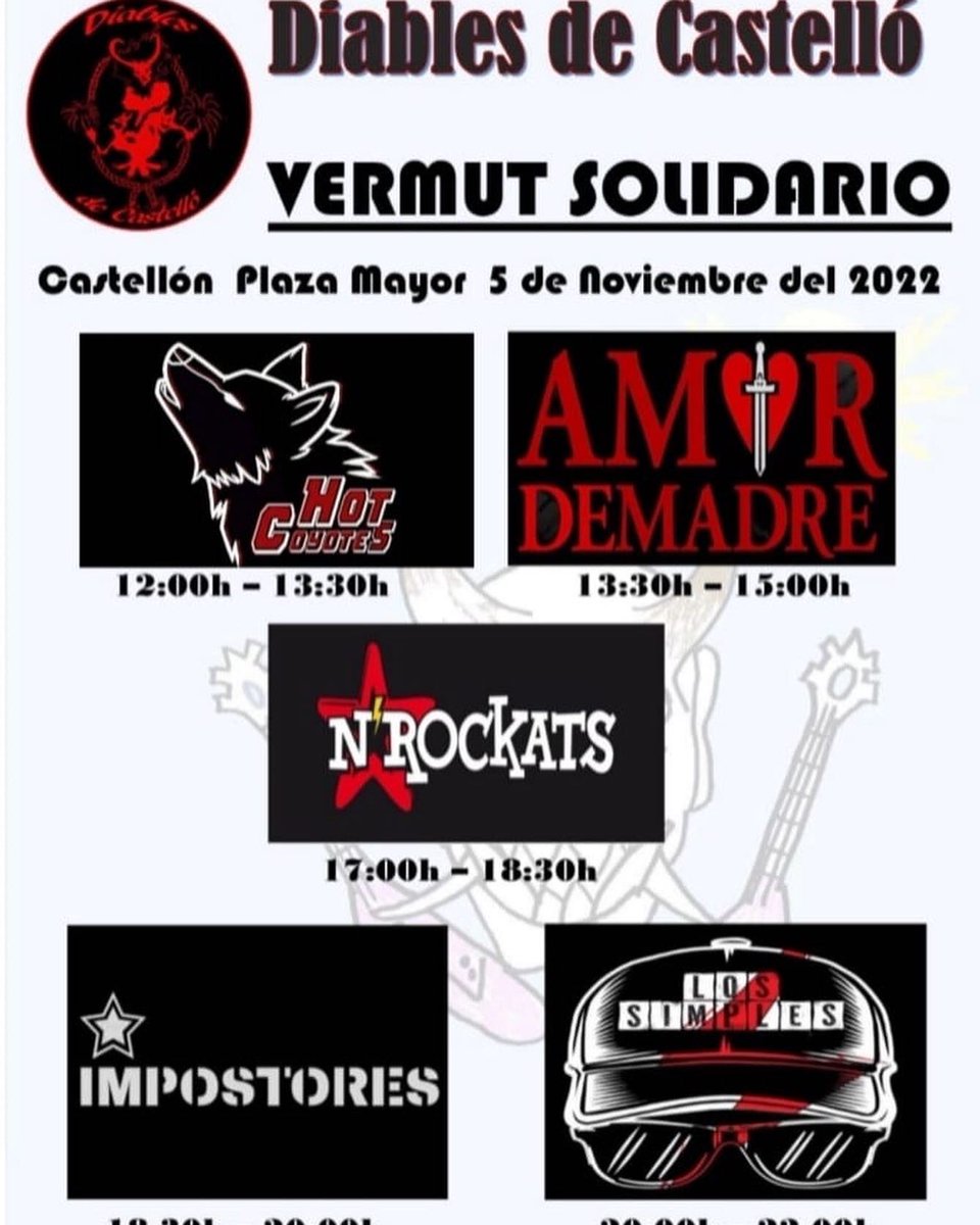El sábado 5 de noviembre en la Plaza Mayor: Vermut solidario, con Hot Coyotes (12:00) + Amordemadre (13:30) + N’Rockats (17:00) + Impostores (18:30) + Los Simples (20:00).