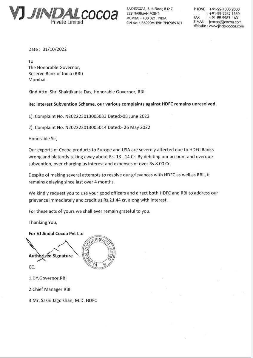 JindalCocoa's tweet photo. Re : Interest Subvention Scheme, our various complaints against HDFC remains unresolved @RBI @DasShaktikanta @PMOIndia @FinMinIndia @nsitharaman @CimGOI @PiyushGoyal @HDFC_Bank @HDFCBank_Cares #shashidharjagdishan #RBI #RBIgovernor @DoC_GoI #hdfc #hdfcbank @minmsme #msme https://t.co/R5ILEFWiFg