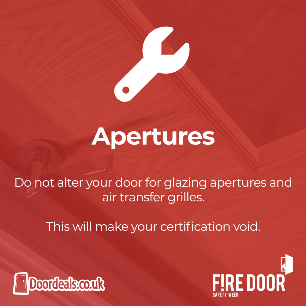 🚪 Fire Door Safety Week: Apertures! 🔥 Do not alter your fire door for glazing apertures and air transfer grilles. This will make your certification void. ❌ @FDSafetyWeek #FDSW22 #firesafety #firedoors @BritWoodFed