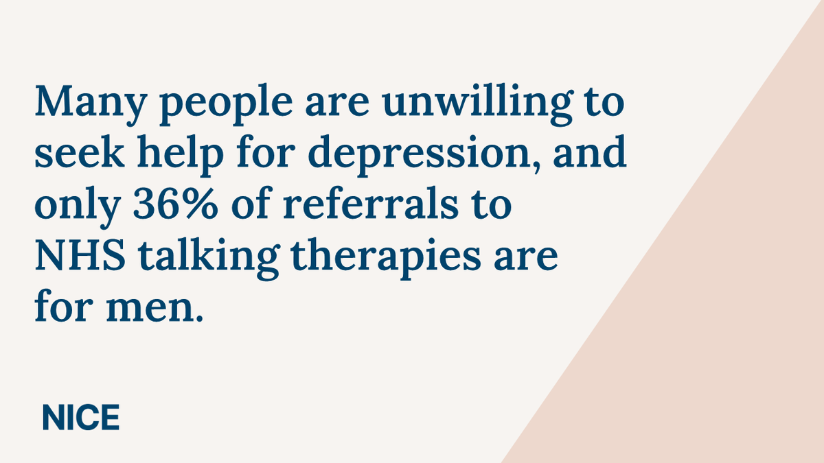 NICEComms's tweet photo. Under-treatment of depression is widespread.  

This is because many people are unwilling to seek help for depression and detection of depression by professionals is variable. 

Only 36% of referrals to @NHSUK talking therapies are for men. https://t.co/mvREARlUsf