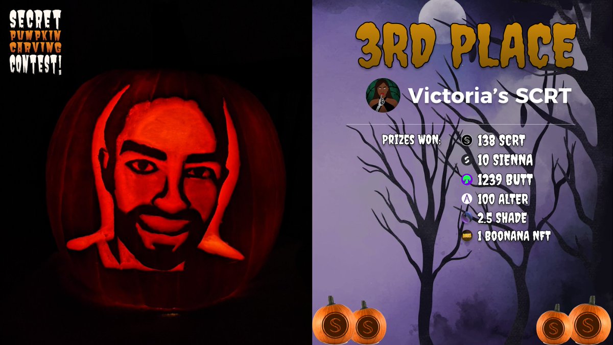 Congratulations to @_VictoriasSCRT on placing 🥉 3RD 🎉 in the 🎃 Secret Pumpkin Carving Contest with her frightening depiction of one of Secret's most well-known faces 😱