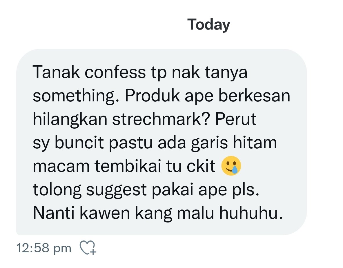 ConfessTweetMY's tweet photo. Macam mana nak hilangkan strech mark bergaris seakan tembikai di perut? https://t.co/wob7YUK6z6