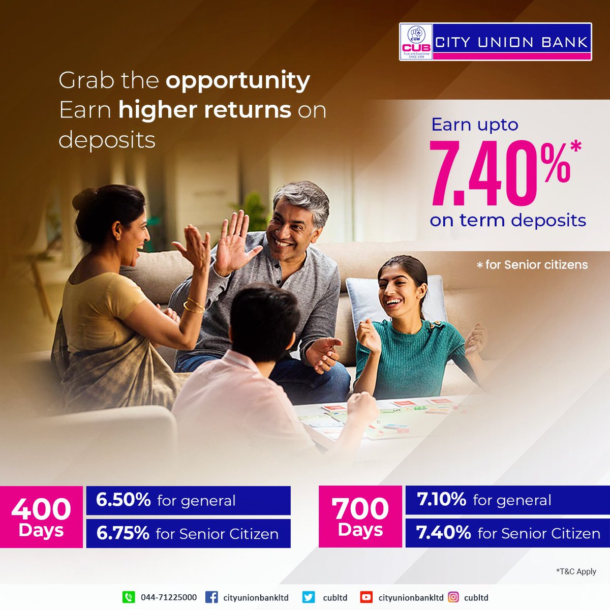 cubltd's tweet photo. Earn upto 7.40% on Term Deposits. CUB offers 400 days deposit scheme interest with 6.50%(6.75% for senior citizens) and 700 days deposit scheme interest with 7.10%(7.40% for senior citizens)
 #cubltd #cityunionbank #cub https://t.co/A0FVhTZLRQ