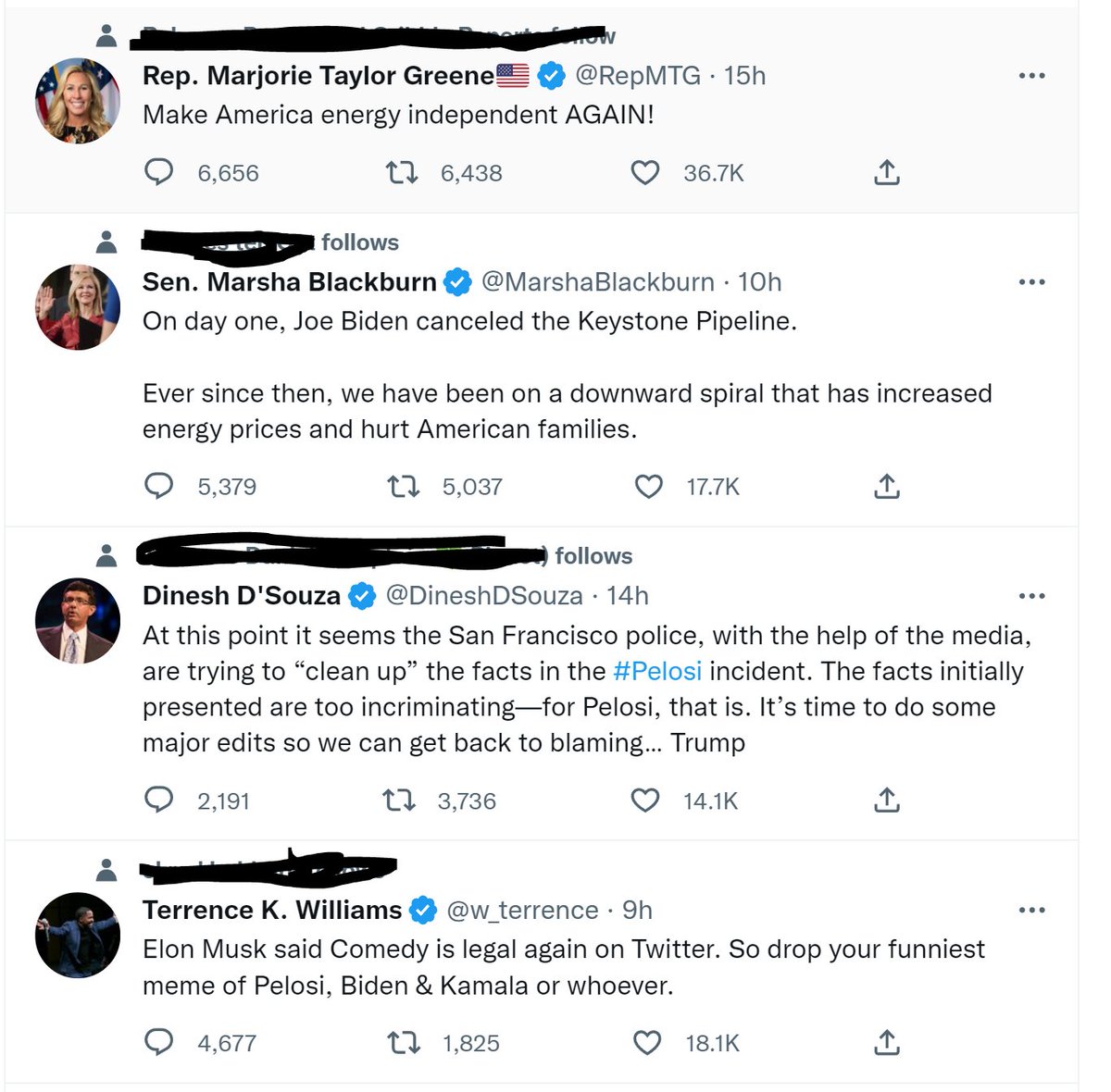 WTF is happening?
I open my feed to see moots tweets and instead see this right wing garbage list of tweets. Seriously this is how Twitter is going to be now?
Note: I follow none of these cretins, and the people that I follow that do probably do so out of morbid curiosity.
