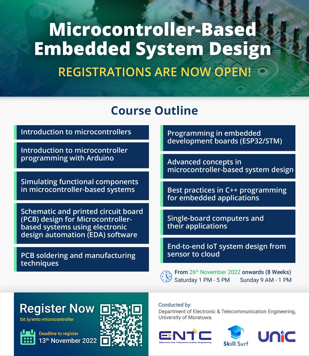 SkillSurfEdu's tweet image. 𝗥𝗘𝗚𝗜𝗦𝗧𝗘𝗥 𝗡𝗢𝗪 for the “Microcontroller-Based Embedded System Design” short course!

Course registration: bit.ly/entc-microcont… 

Registration deadline: 13th November 2022 

#Microcontrollers #EmbeddedSystems #EmbeddedSystemDesign #ENTC #Skillsurf #ShortCourse