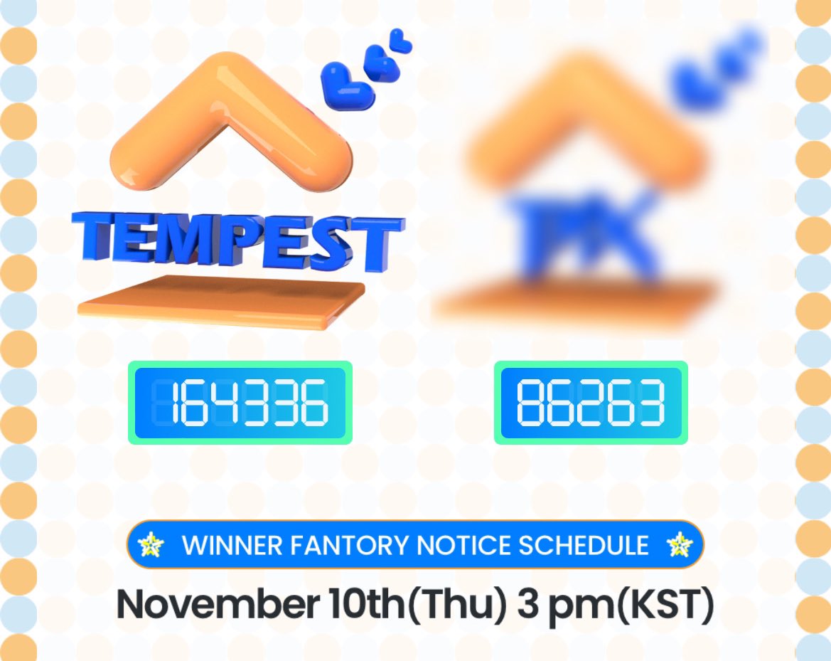 TEMPESTVOTING's tweet photo. [ K-POP MAKER ]

As of 221101 | 2:00 PM KST

⭐ TEMPEST's Activity Index: 164336

The event will end soon and winner will be announced in 9 days! Keep visiting TEMPEST’s Fantory and watching the videos until then 💕

🔗: https://t.co/TUM4mXsgSz

#TEMPEST #템페스트 https://t.co/DaIbNvtQ3Z