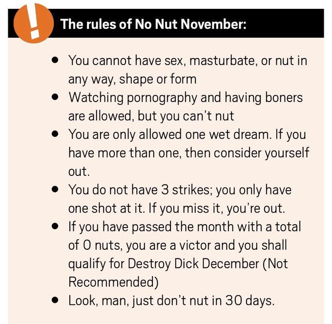 The official rulebook. Follow this, and achieve victory.  #NoNutNovember https://t.co/sw8RCd5Kx4<a href="/tag/nonutnovember"class="tags"><span>#nonutnovember</span></a>