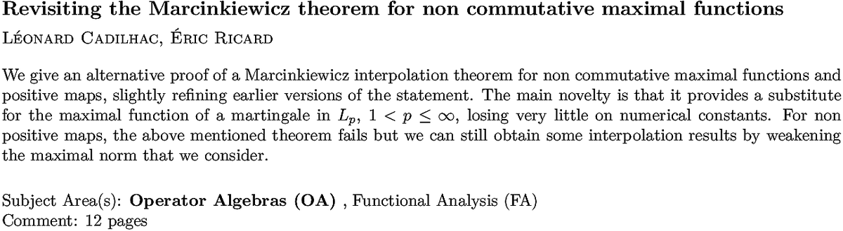arxiv.org/abs/2210.17201…
L Cadilhac, É Ricard
Revisiting the Marcinkiewicz theorem for non commutative maximal
  functions