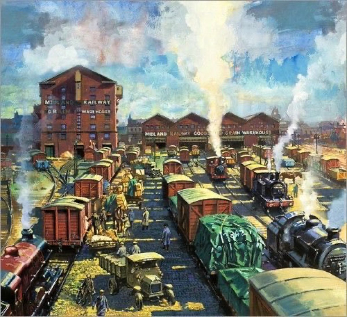 Midland Railways Freight Depot, #Nottingham 1920s by Harry Green. The train station clock is visible in the background on the right.