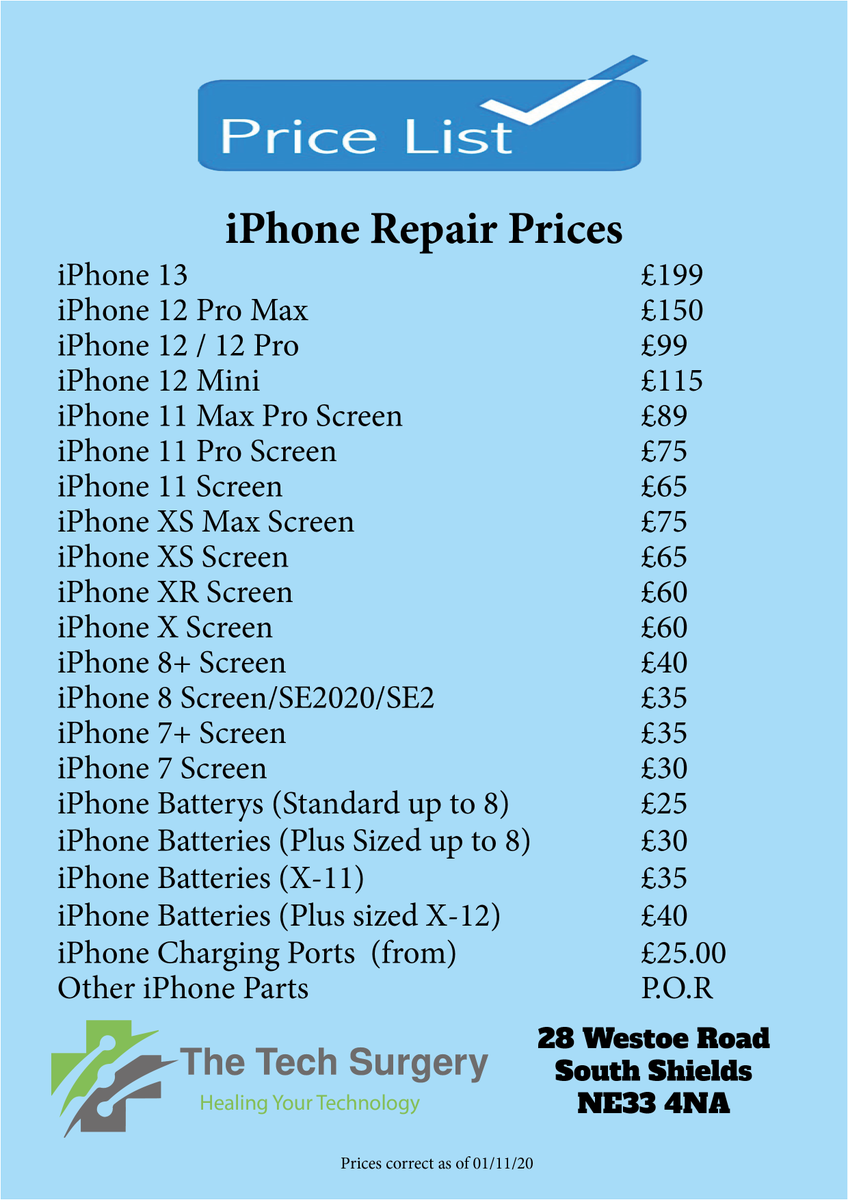 thetech_surgery's tweet photo. New iPhone repair prices

I am pleased to announce that as of today I have been able to lower our iPhone repair prices, as always prices are subject to change dependant of stock and supplier prices

#iphonerepairs #ipadrepairs #laptoprepairs #phonerepair #southtyneside https://t.co/7ooI4rZ2ZO